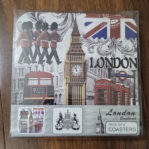 4 LONDON ENGLAND LANDMARKS SQUARE COASTERS BIG BEN PHONE BOOTH KINGS GUARD NEW